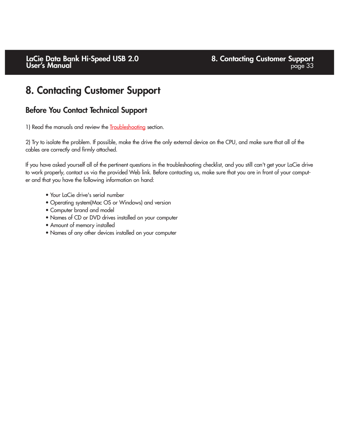 LaCie Databank user manual Contacting Customer Support, Before You Contact Technical Support 