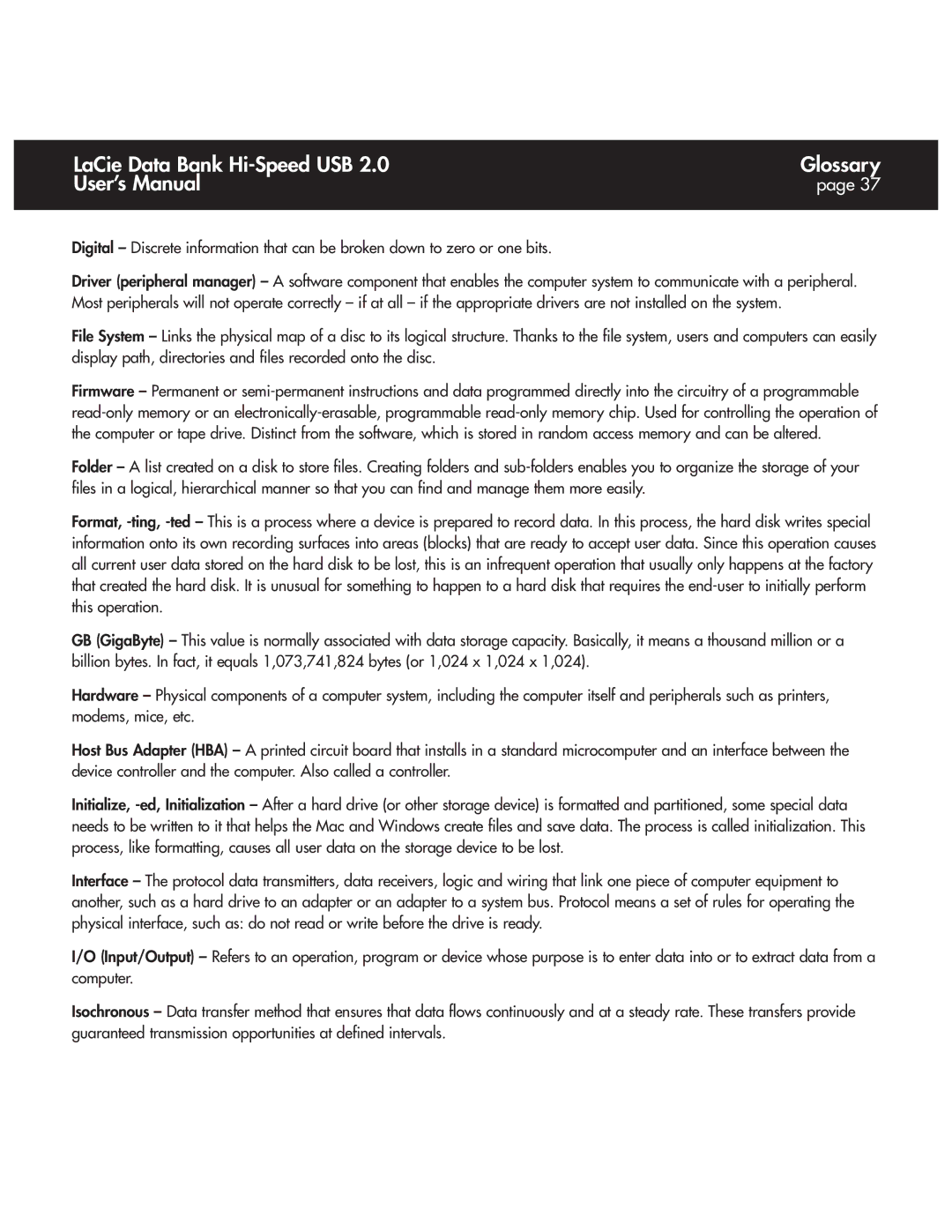 LaCie Databank user manual LaCie Data Bank Hi-Speed USB Glossary User’s Manual 