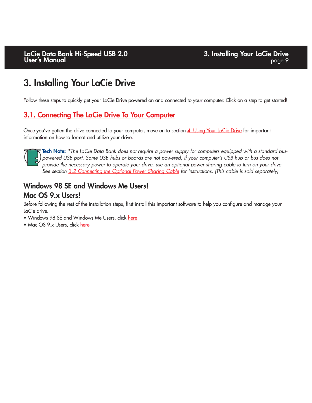 LaCie Databank user manual Installing Your LaCie Drive, Windows 98 SE and Windows Me Users Mac OS 9.x Users 