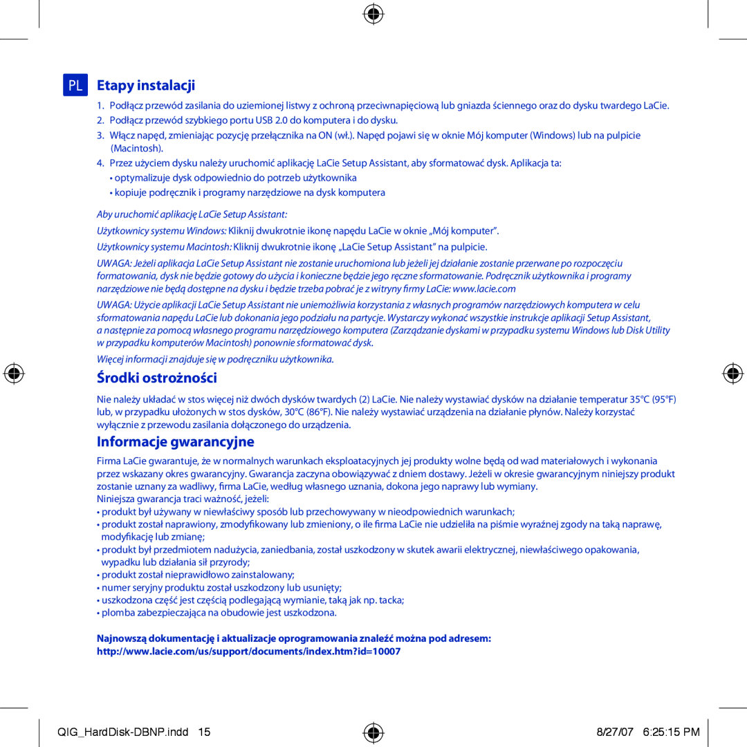 LaCie Design By Neil Poulton manual PL Etapy instalacji, Środki ostrożności, Informacje gwarancyjne 