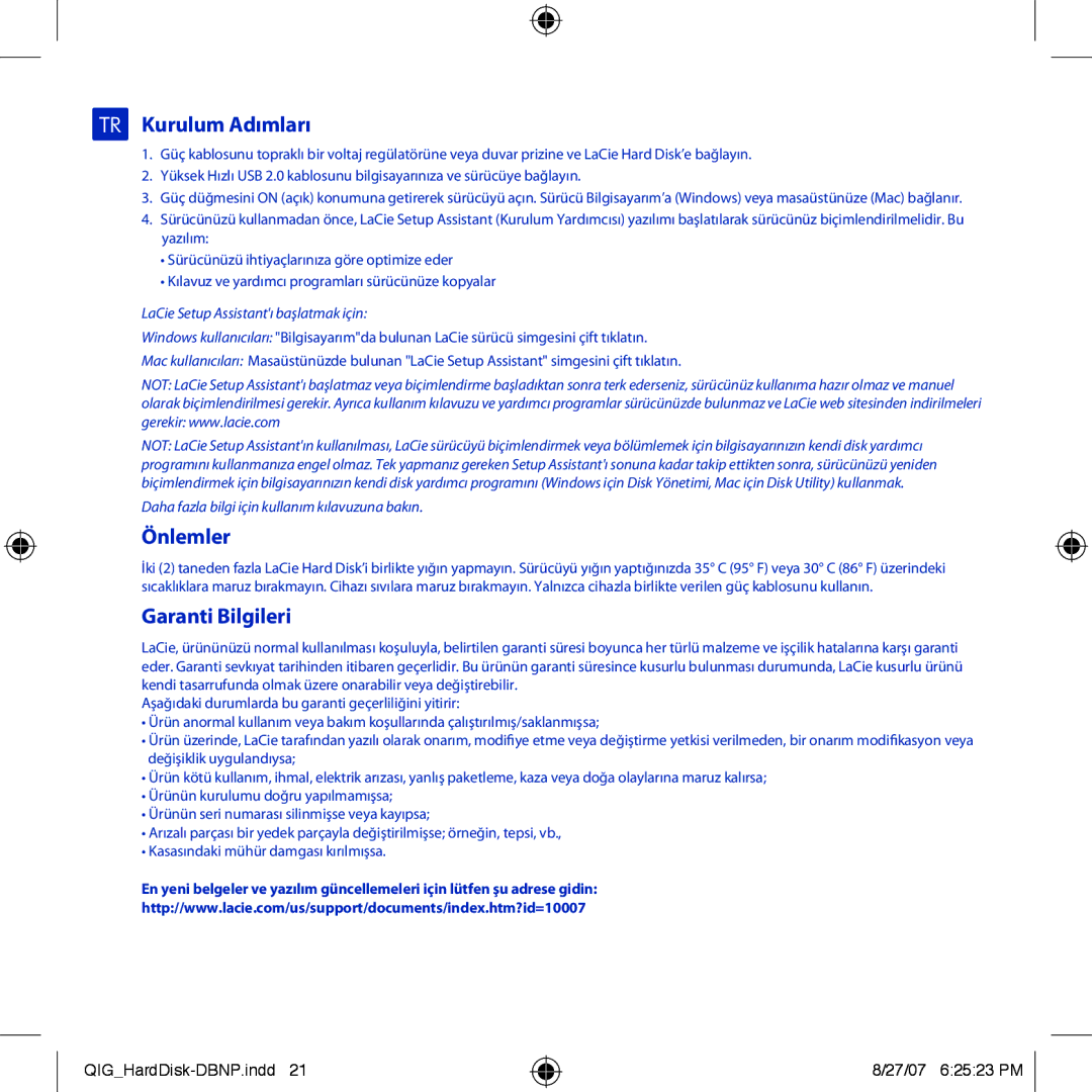 LaCie Design By Neil Poulton manual TR Kurulum Adımları, Önlemler, Garanti Bilgileri, LaCie Setup Assistantı başlatmak için 