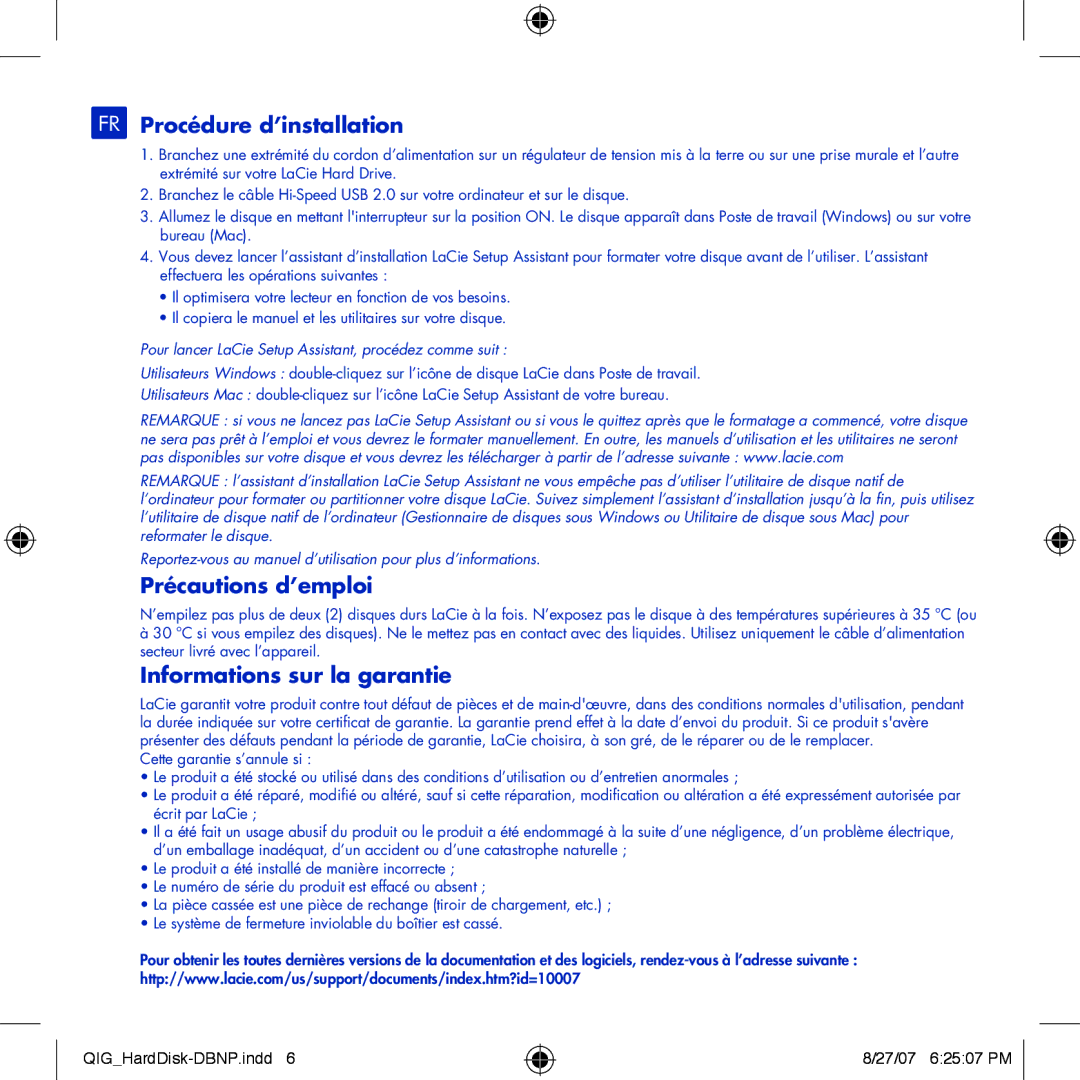 LaCie Design By Neil Poulton manual FR Procédure d’installation, Précautions d’emploi, Informations sur la garantie 