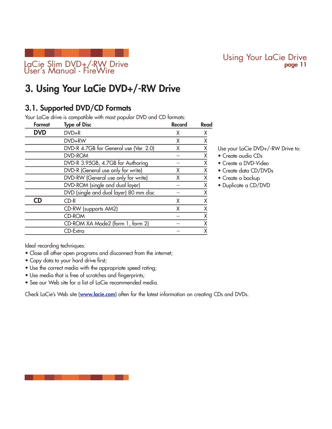 LaCie DVD RW Slim manual Using Your LaCie DVD+/-RW Drive, Supported DVD/CD Formats 