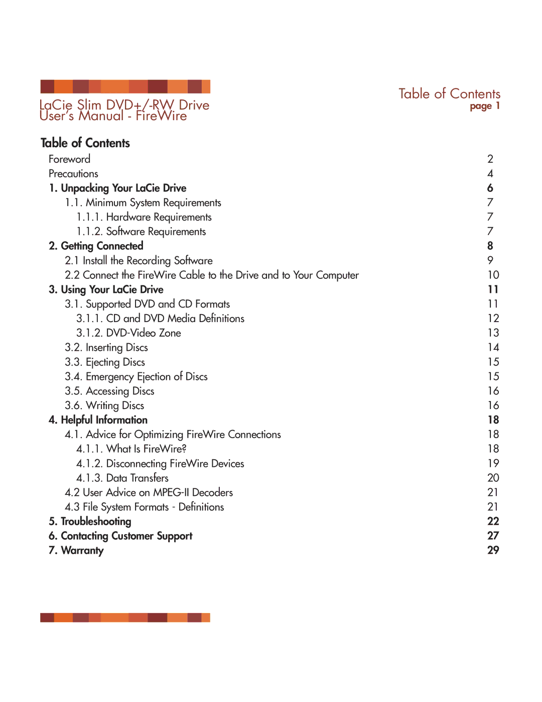 LaCie DVD RW Slim manual User’s Manual FireWire, Table of Contents 