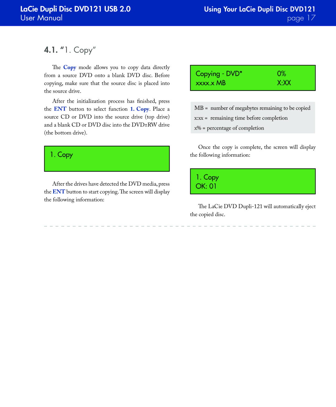 LaCie DVD121 user manual Copying DVD Xxxx.x MB, Copy OK 