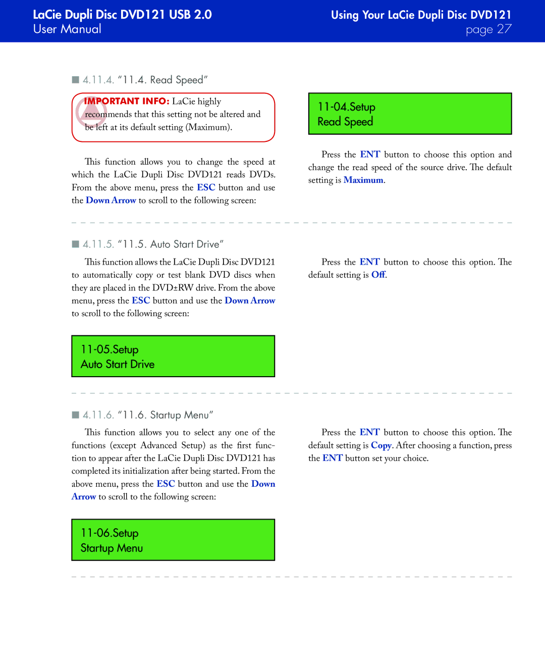 LaCie DVD121 user manual Setup Read Speed, Setup Auto Start Drive, Setup Startup Menu 