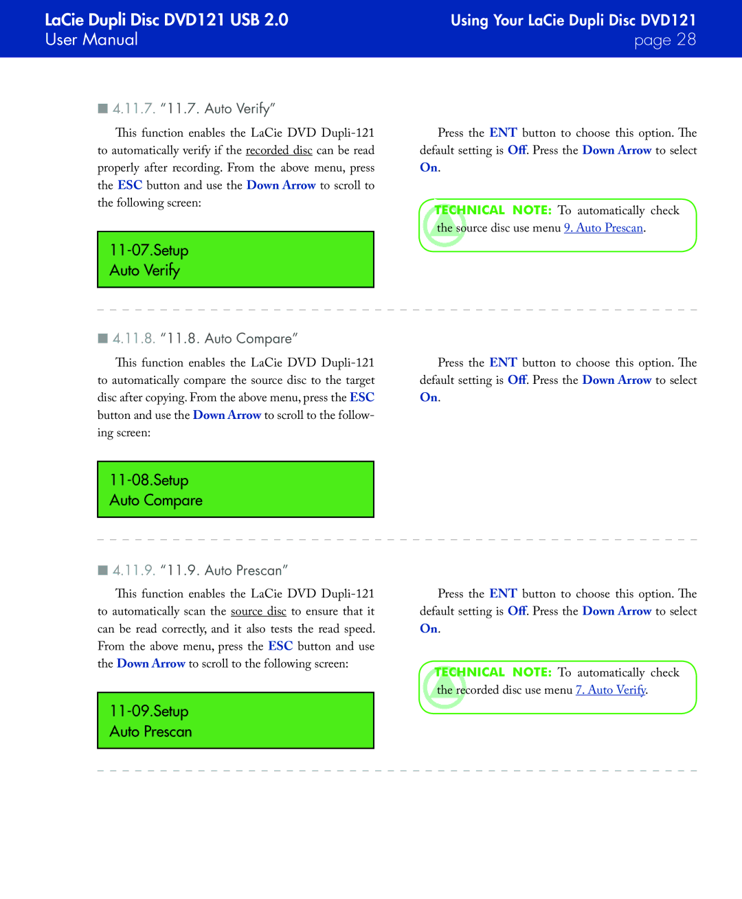 LaCie DVD121 Setup Auto Verify, Setup Auto Compare, 11.7 .7. Auto Verify, 11.8 .8. Auto Compare, 11.9 .9. Auto Prescan 