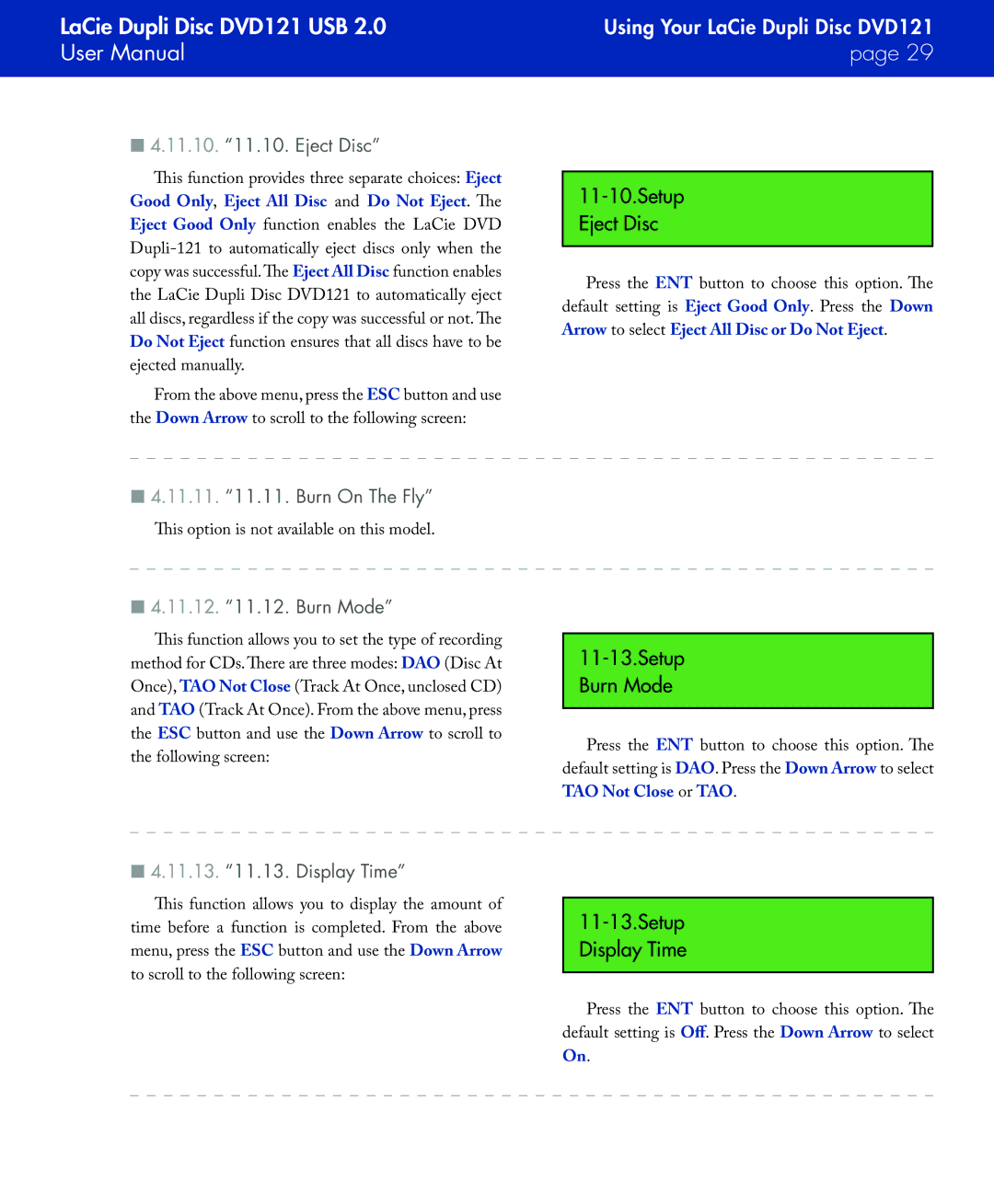 LaCie DVD121 user manual Setup Eject Disc, Setup Burn Mode, Setup Display Time 