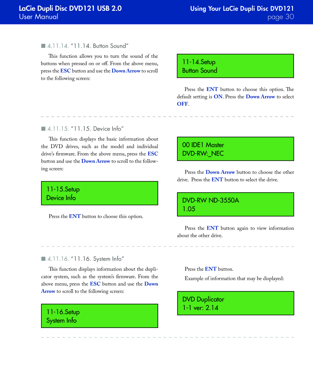 LaCie DVD121 user manual Setup Button Sound, Setup Device Info, DVD-RW ND-3550A, Setup System Info, DVD Duplicator 1-1 ver 