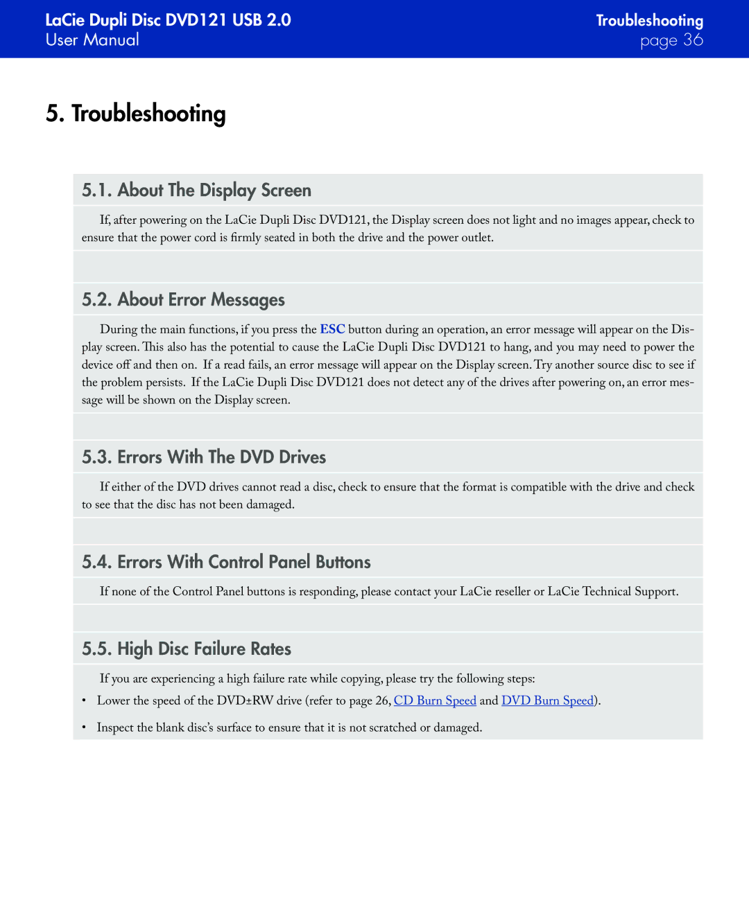 LaCie DVD121 user manual Troubleshooting 