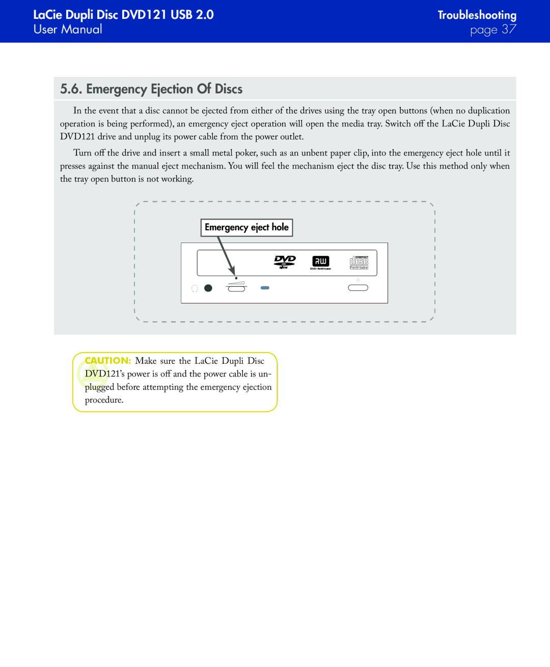 LaCie DVD121 user manual Emergency Ejection Of Discs 