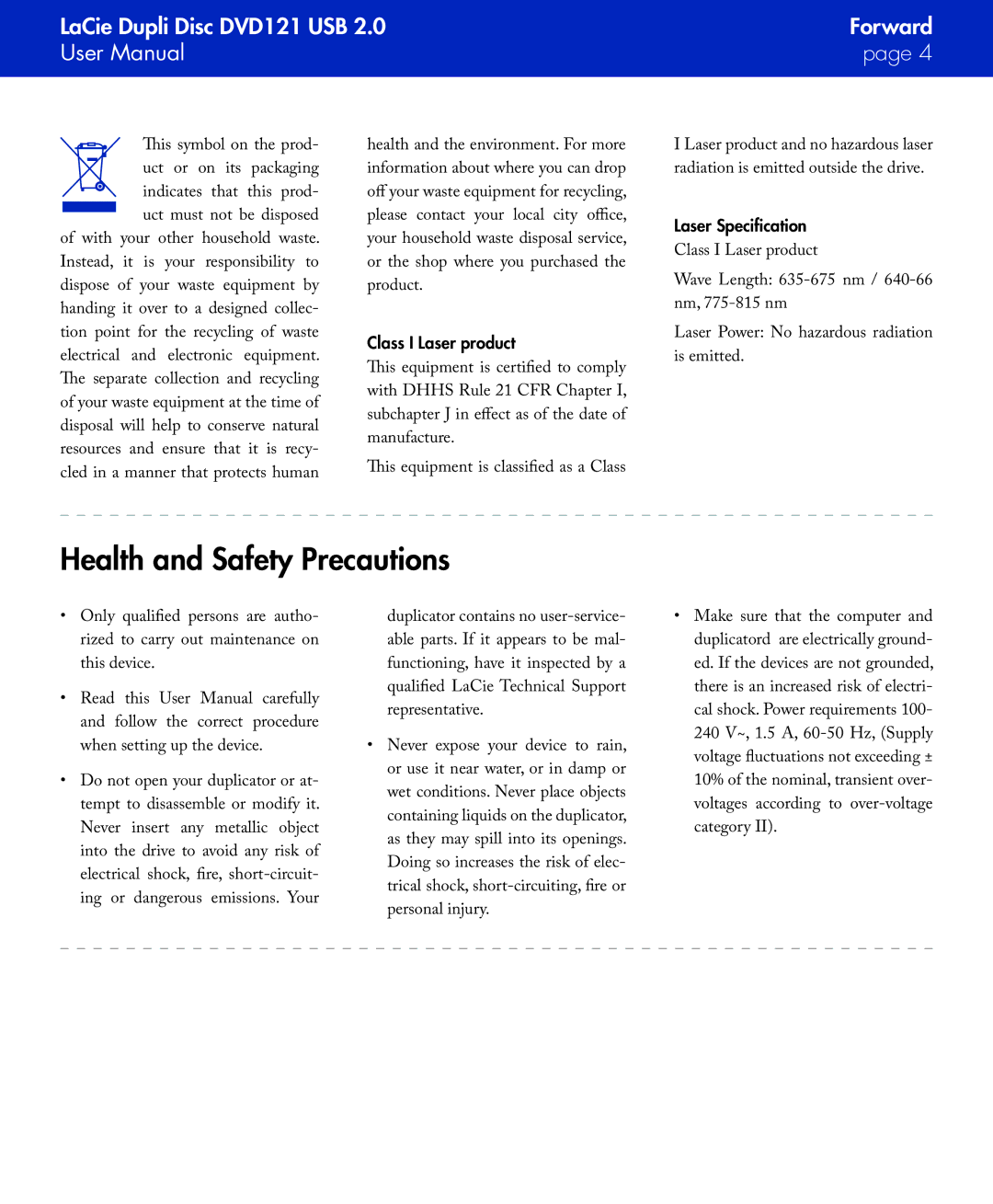 LaCie DVD121 user manual Health and Safety Precautions, Class I Laser product 