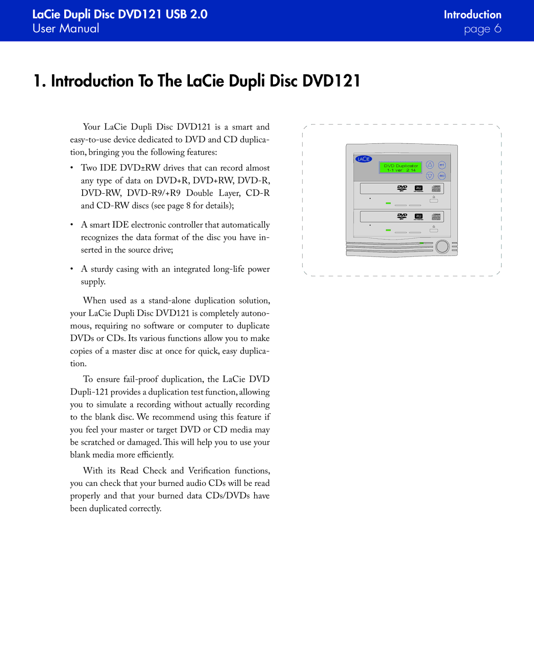 LaCie user manual Introduction To The LaCie Dupli Disc DVD121 