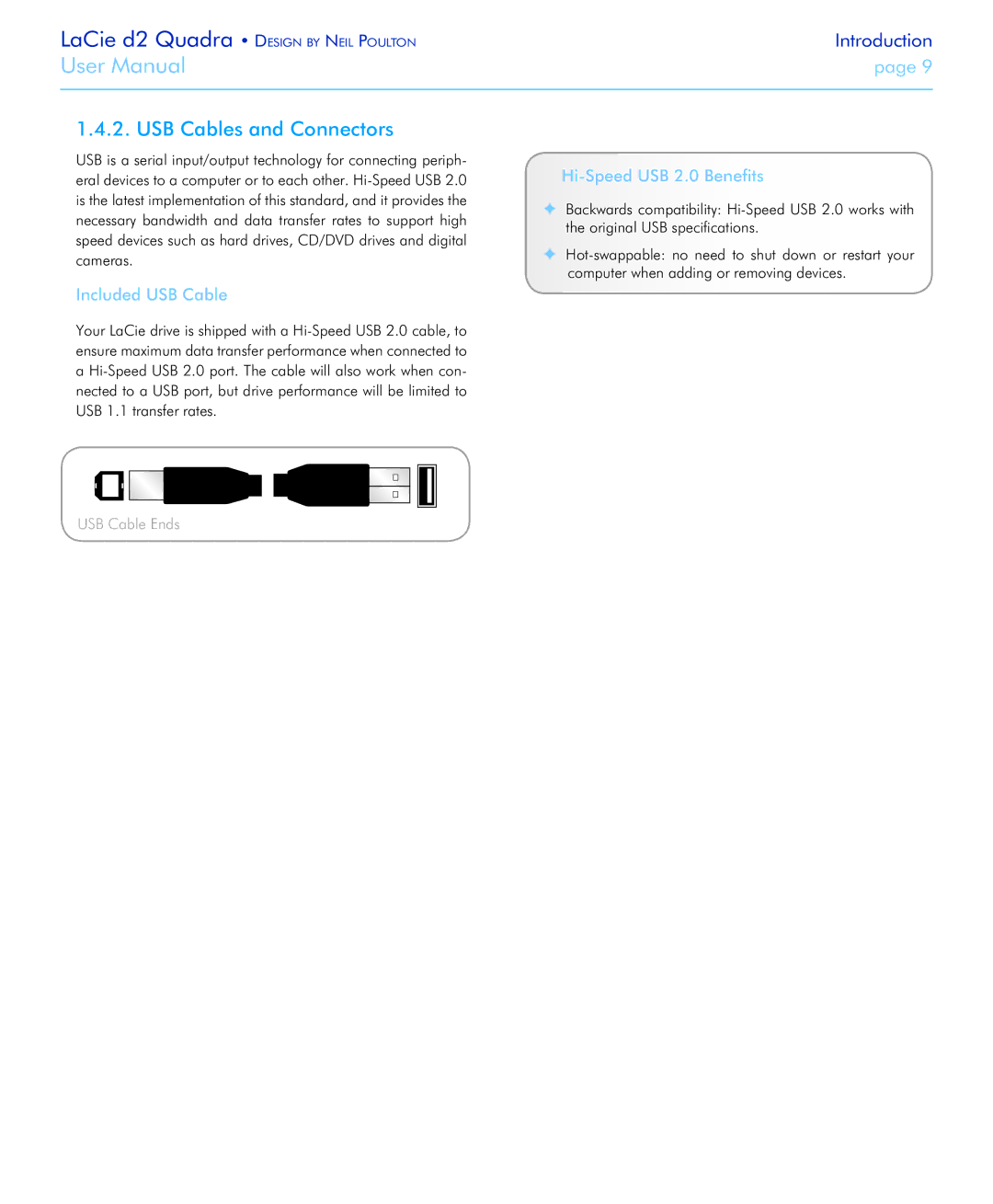 LaCie FireWire 800 user manual USB Cables and Connectors, Included USB Cable, Hi-Speed USB 2.0 Benefits 