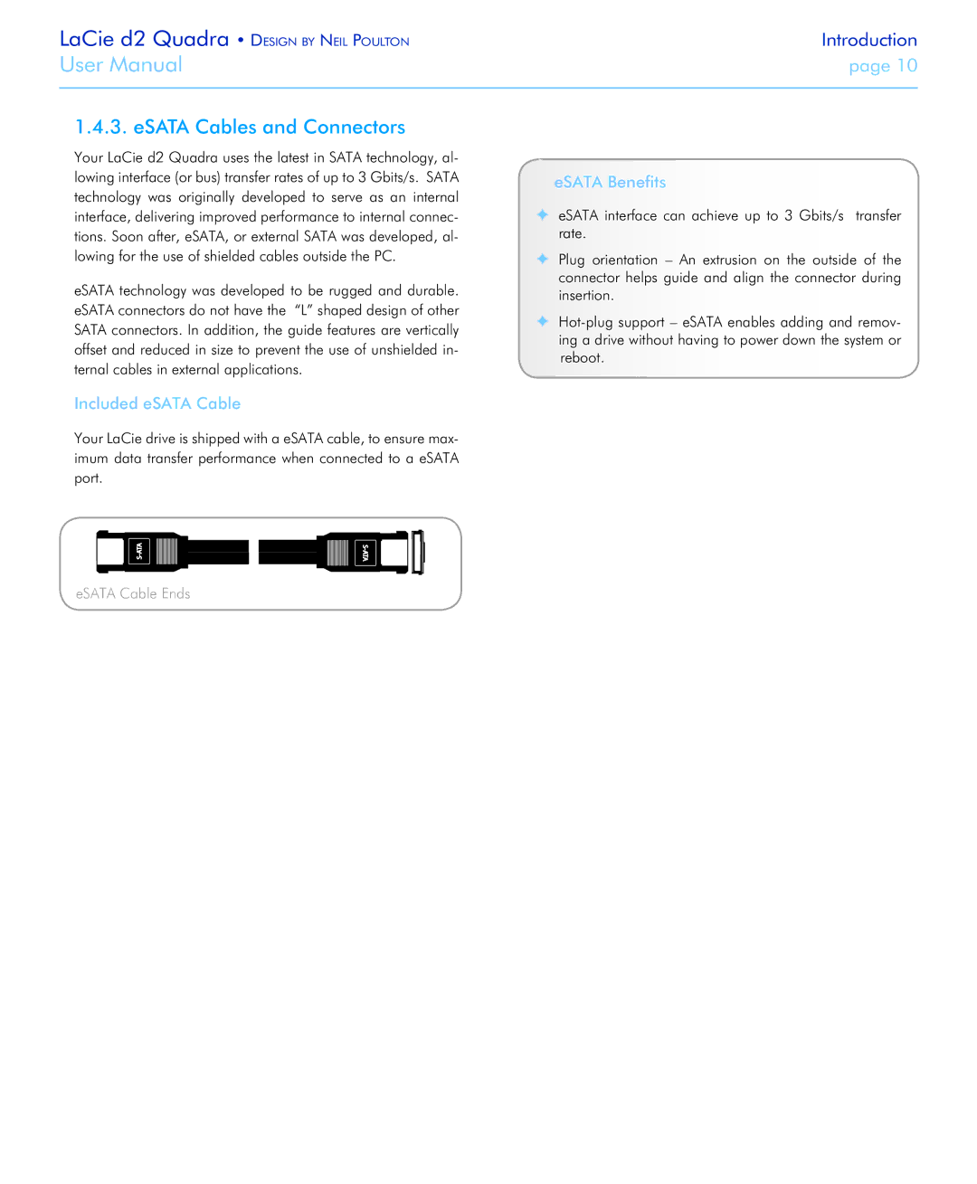 LaCie FireWire 800 user manual ESATA Cables and Connectors, Included eSATA Cable, ESATA Benefits 