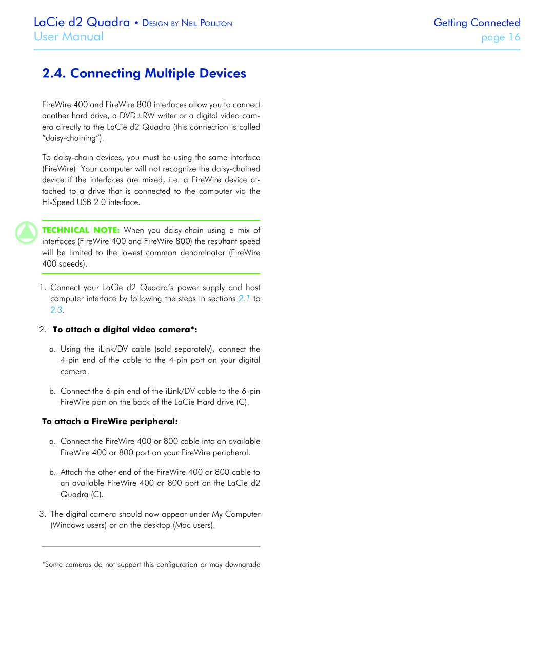 LaCie FireWire 800 Connecting Multiple Devices, To attach a digital video camera, To attach a FireWire peripheral 