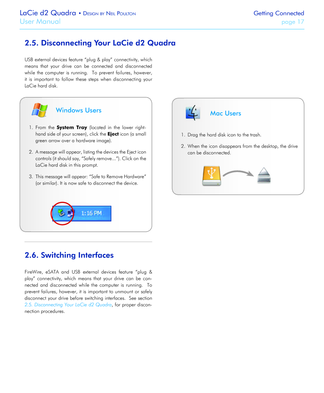 LaCie FireWire 800 user manual Disconnecting Your LaCie d2 Quadra, Switching Interfaces 