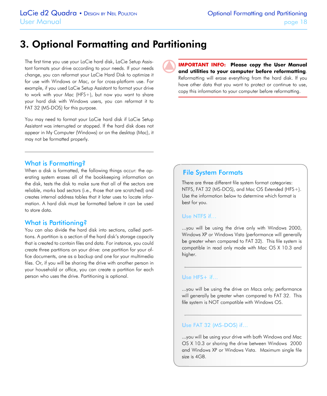 LaCie FireWire 800 Optional Formatting and Partitioning, What is Formatting?, What is Partitioning?, File System Formats 