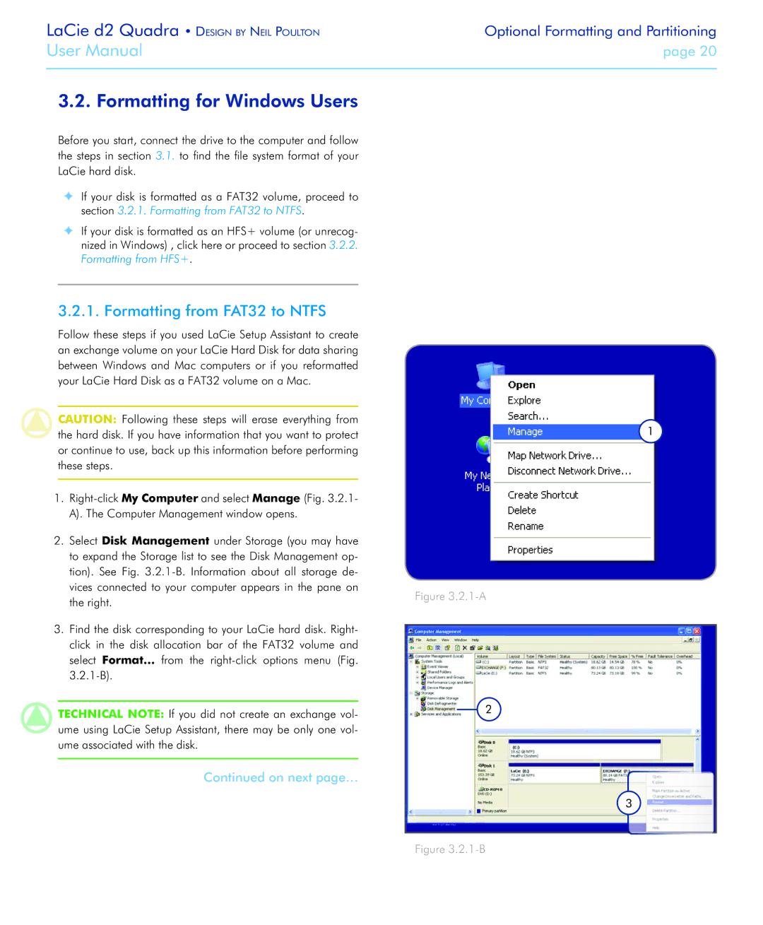 LaCie FireWire 800 user manual Formatting for Windows Users, Formatting from FAT32 to Ntfs, On next page… 