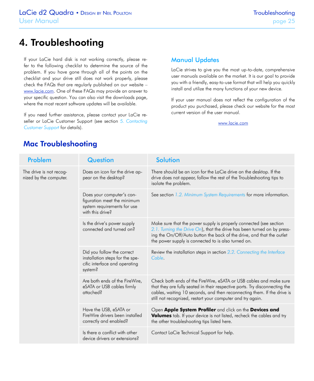 LaCie FireWire 800 user manual Mac Troubleshooting, Manual Updates, Problem Question Solution 