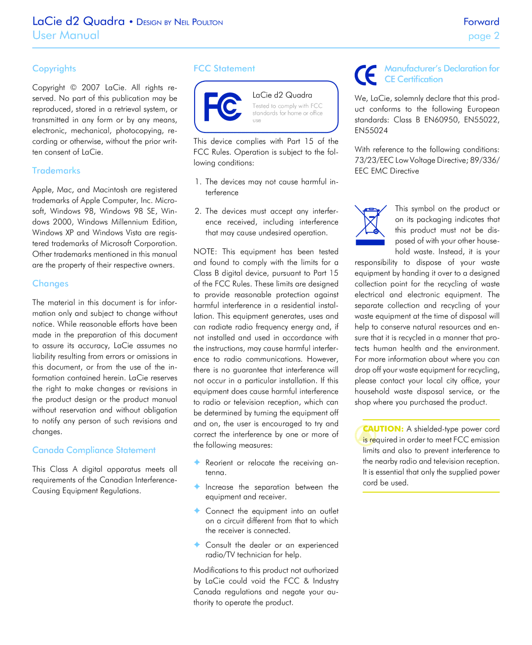 LaCie FireWire 800 user manual Copyrights, Trademarks, Changes, Canada Compliance Statement, FCC Statement 