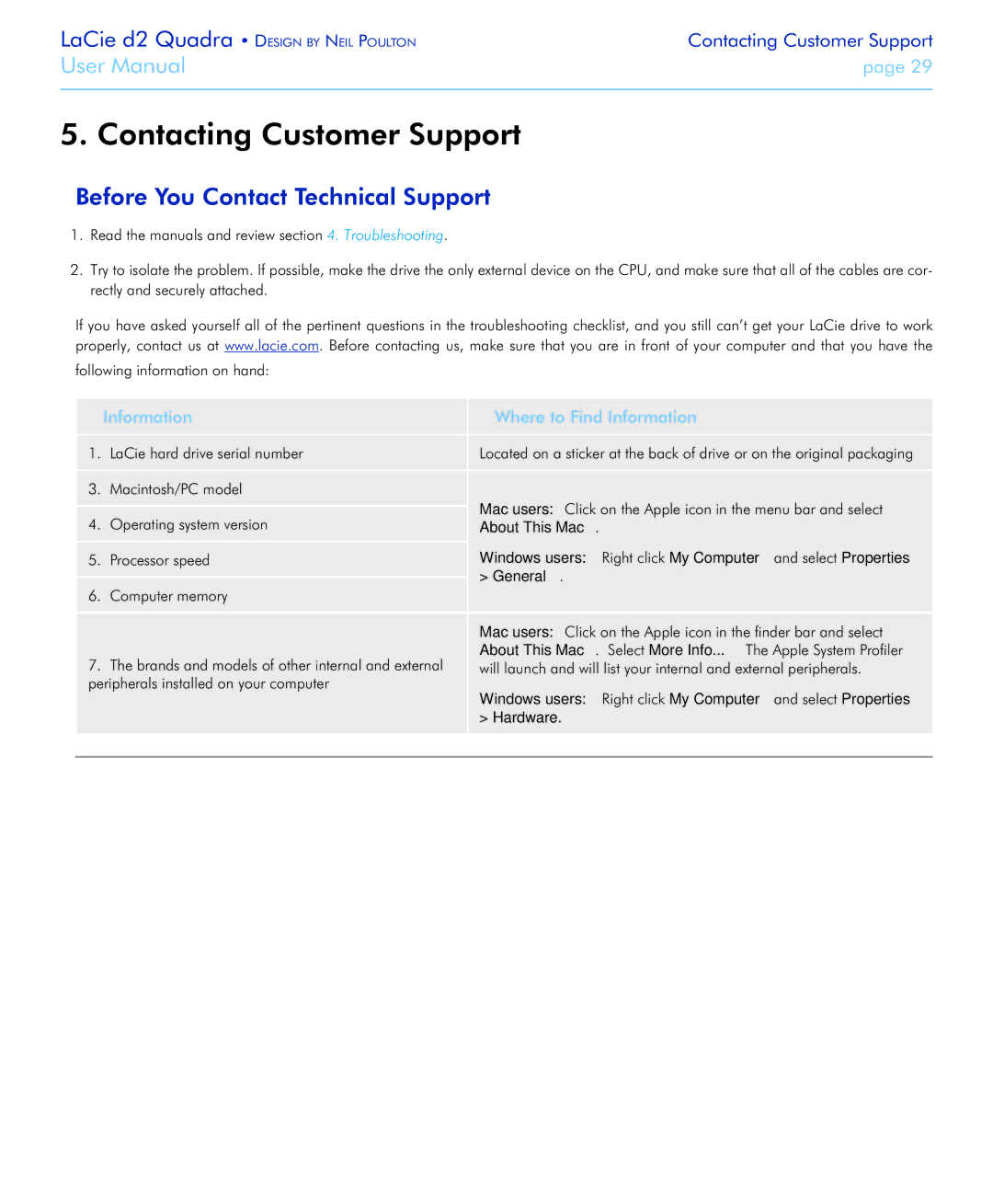 LaCie FireWire 800 user manual Contacting Customer Support, Before You Contact Technical Support 