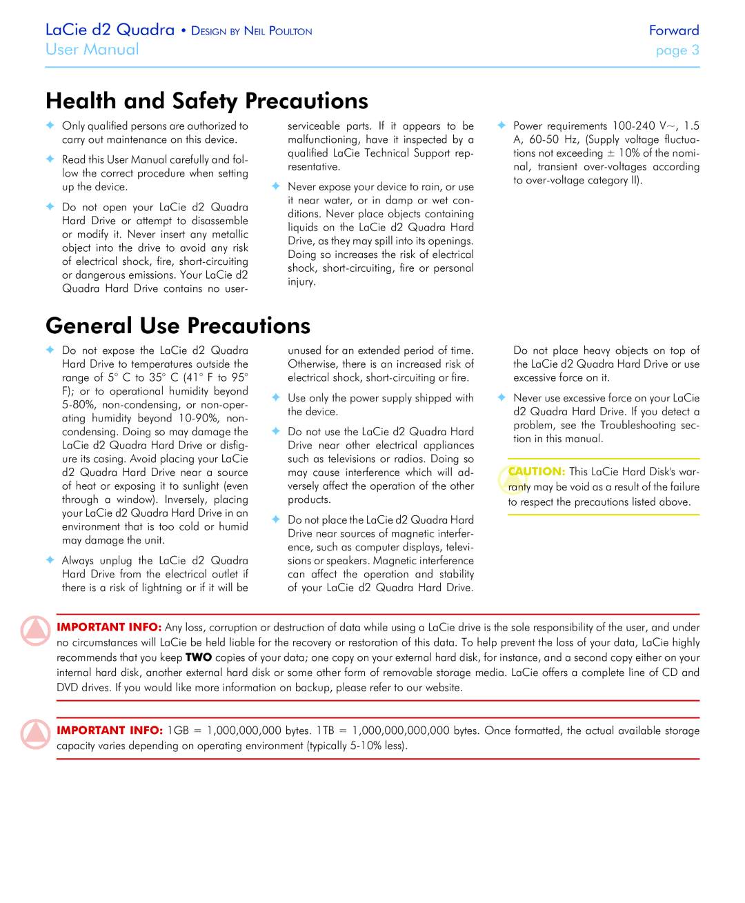 LaCie FireWire 800 user manual Health and Safety Precautions, General Use Precautions 