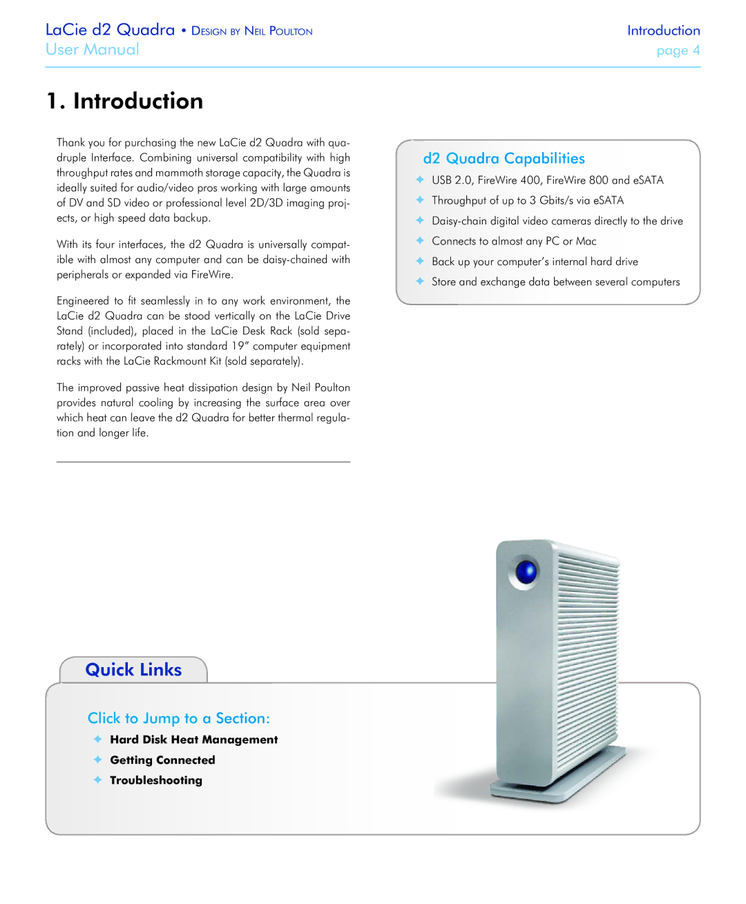 LaCie FireWire 800 user manual Introduction, Quick Links, D2 Quadra Capabilities, Click to Jump to a Section 