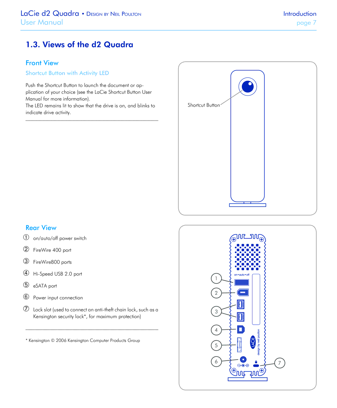 LaCie FireWire 800 user manual Views of the d2 Quadra, Front View, Rear View, Shortcut Button with Activity LED 