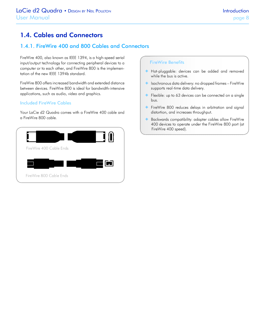 LaCie FireWire 800 user manual FireWire 400 and 800 Cables and Connectors, Included FireWire Cables, FireWire Benefits 