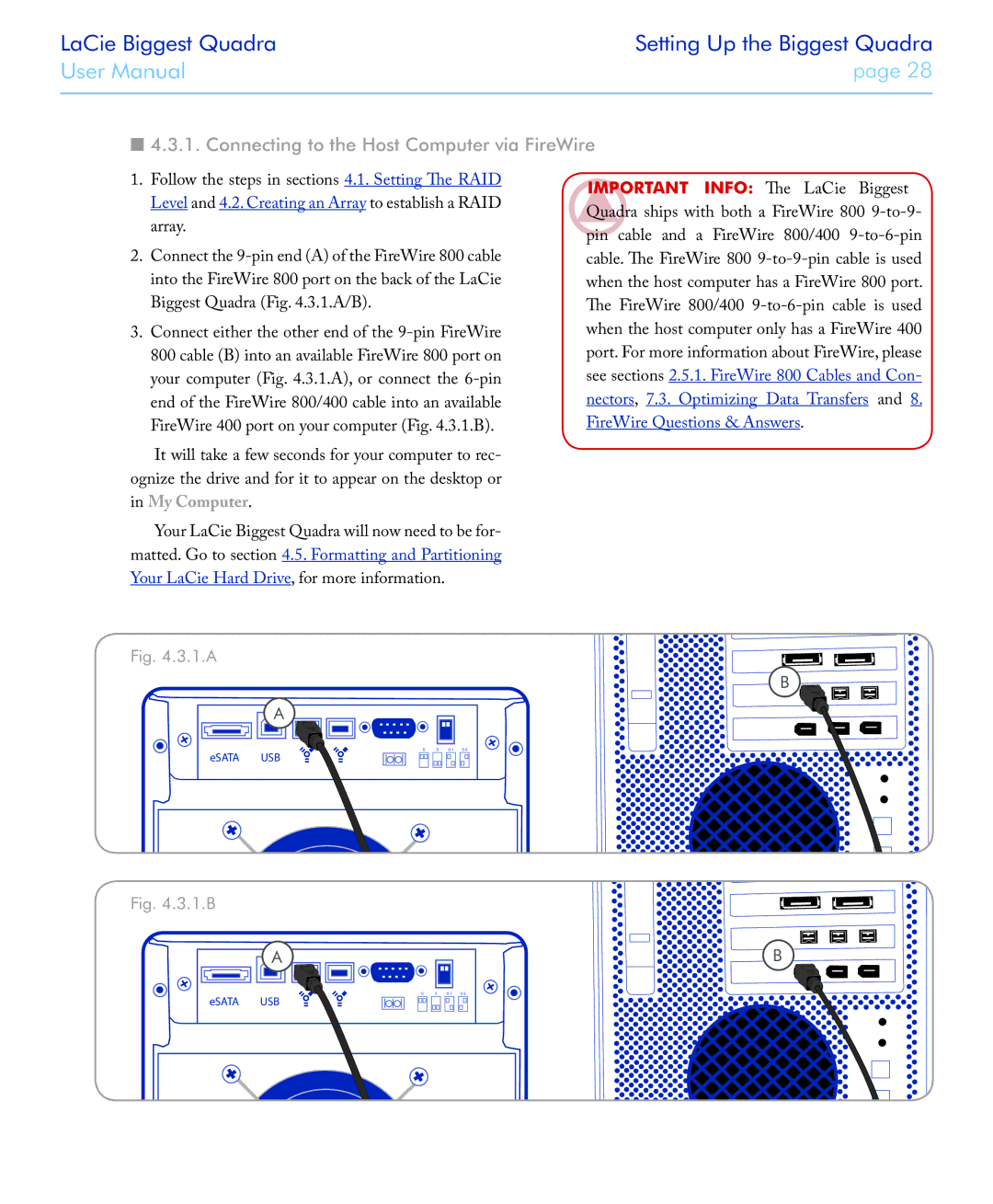 LaCie FIREWIRE 800/400 user manual Connecting to the Host Computer via FireWire, 1.A 