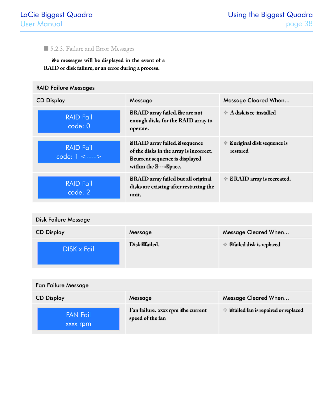 LaCie FIREWIRE 800/400 user manual Failure and Error Messages, RAID Failure Messages LCD Display Message Cleared When 