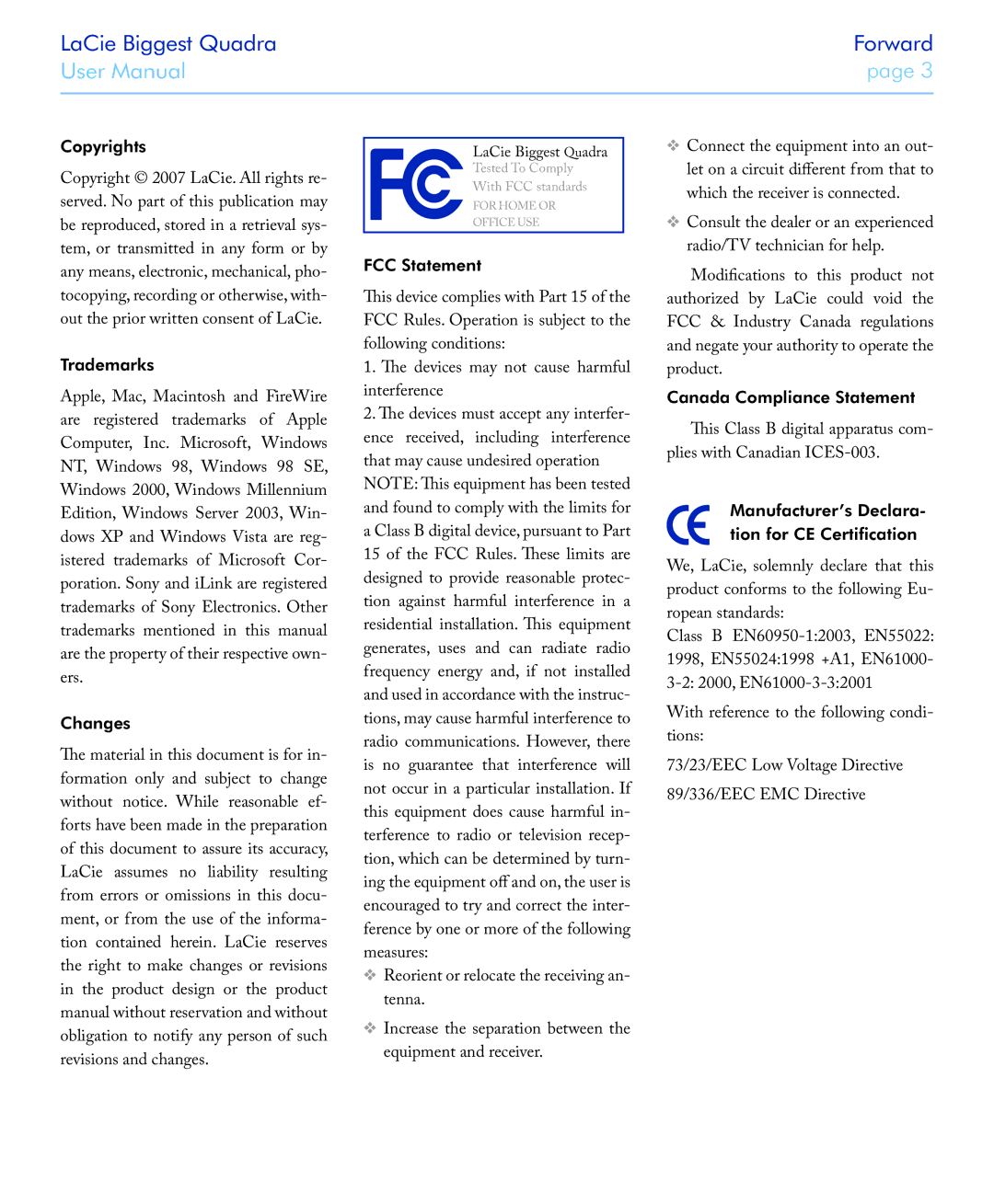 LaCie FIREWIRE 800/400 user manual Copyrights, Trademarks, Changes, FCC Statement, Canada Compliance Statement 