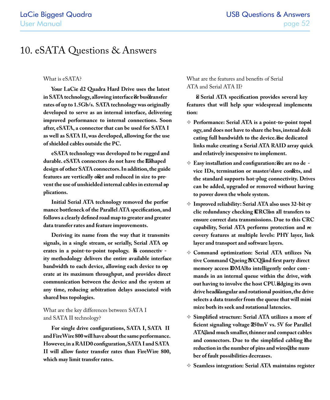 LaCie FIREWIRE 800/400 user manual ESATA Questions & Answers, What is eSATA? 