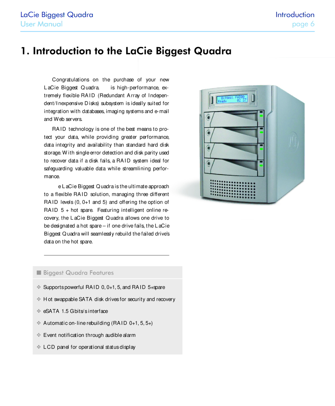 LaCie FIREWIRE 800/400 user manual Introduction to the LaCie Biggest Quadra, Biggest Quadra Features 