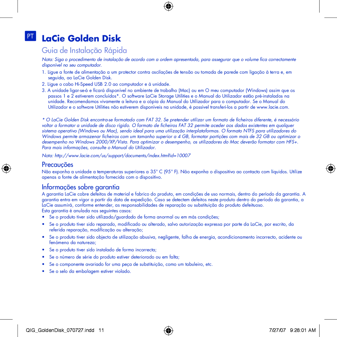 LaCie manual PT LaCie Golden Disk, Guia de Instalação Rápida, Precauções, Informações sobre garantia 