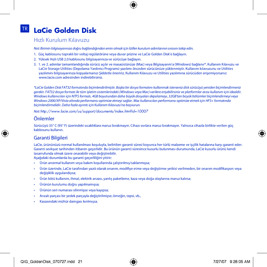 LaCie manual TR LaCie Golden Disk, Hızlı Kurulum Kılavuzu, Önlemler, Garanti Bilgileri 