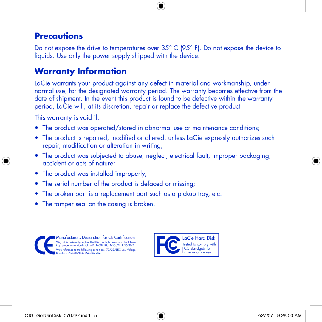 LaCie Golden Disk manual Precautions, Warranty Information 