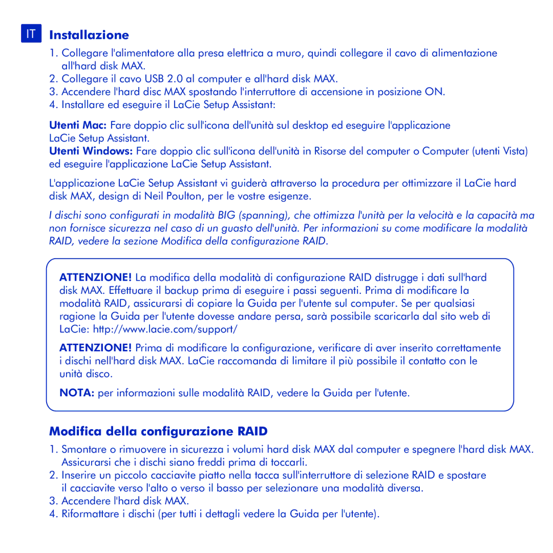 LaCie Hard Disk MAX manual IT Installazione, Modifica della configurazione RAID 