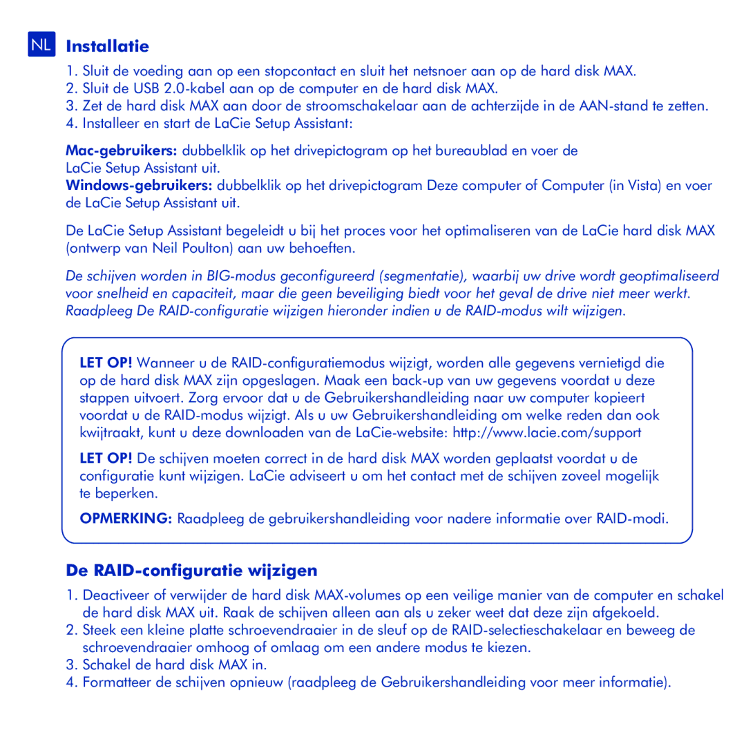 LaCie Hard Disk MAX manual NL Installatie, De RAID-configuratie wijzigen 