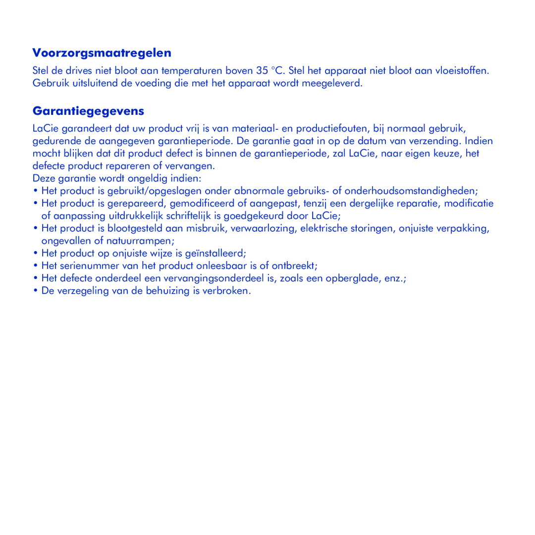 LaCie Hard Disk MAX manual Voorzorgsmaatregelen, Garantiegegevens 