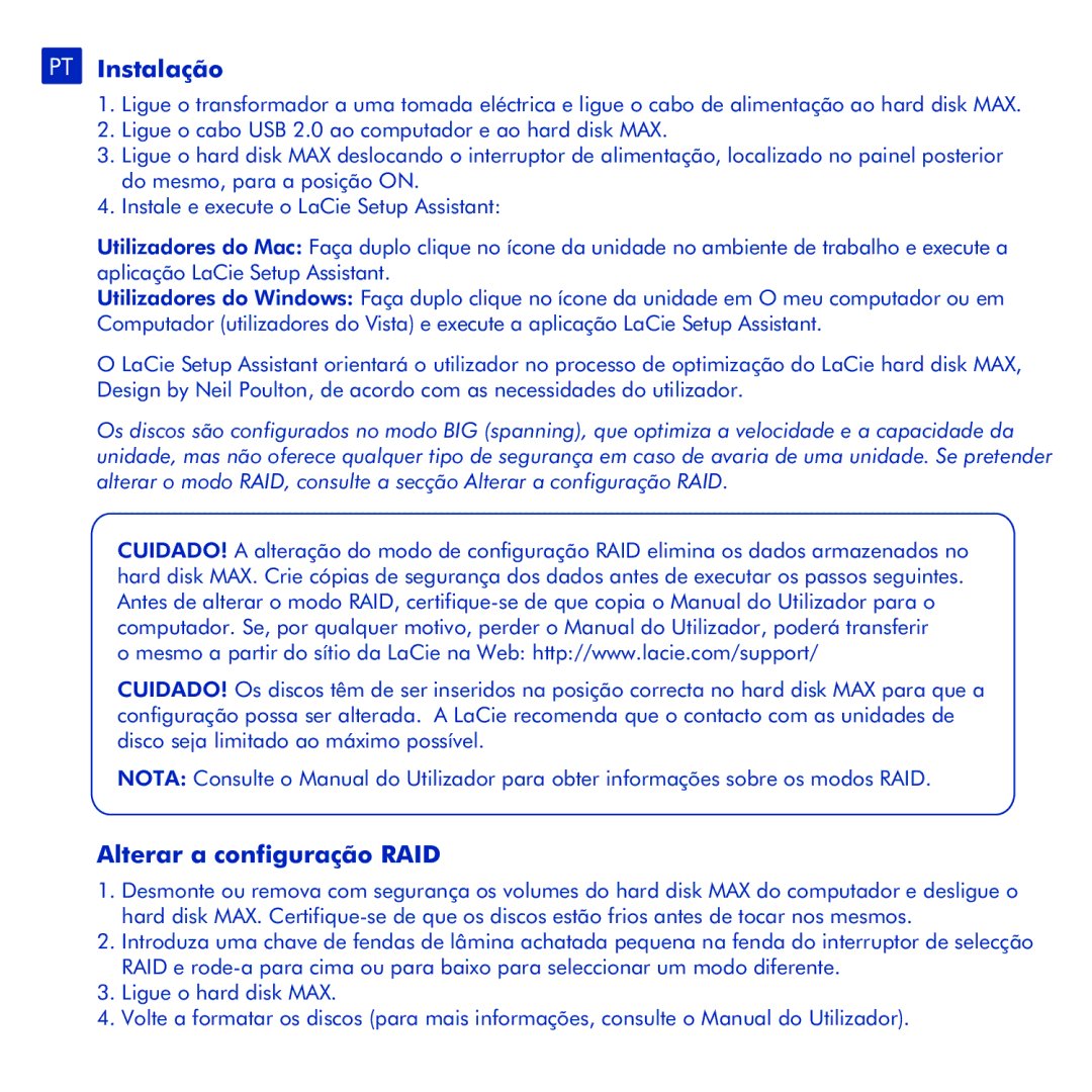 LaCie Hard Disk MAX manual PT Instalação, Alterar a configuração RAID 