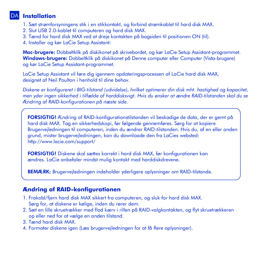 LaCie Hard Disk MAX manual DA Installation, Ændring af RAID-konfigurationen 