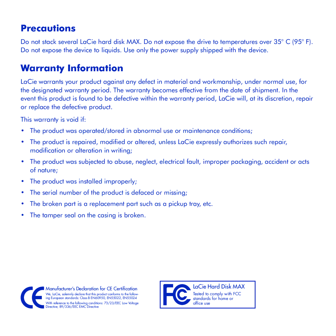 LaCie Hard Disk MAX manual Precautions 