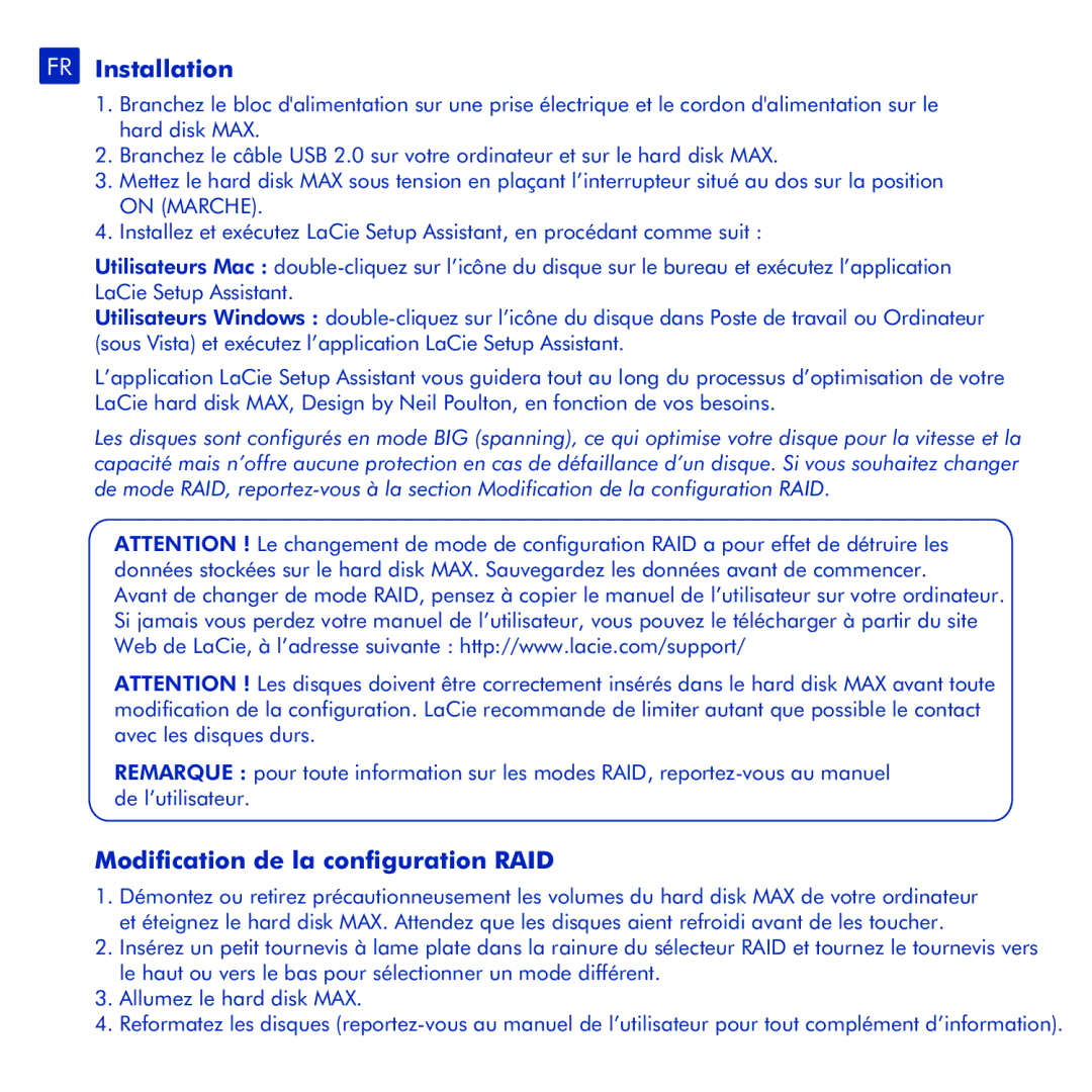 LaCie Hard Disk MAX manual FR Installation, Modification de la configuration RAID 