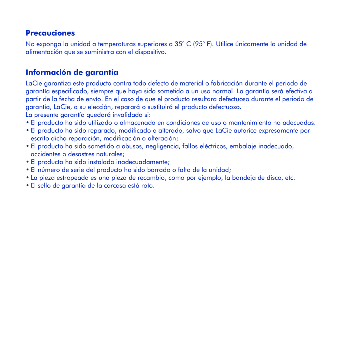 LaCie Hard Disk MAX manual Precauciones, Información de garantía 