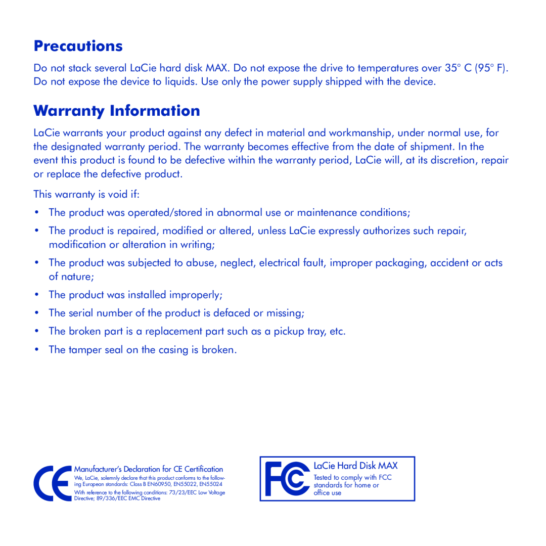 LaCie Hard Disk MAX manual Precautions, Warranty Information 