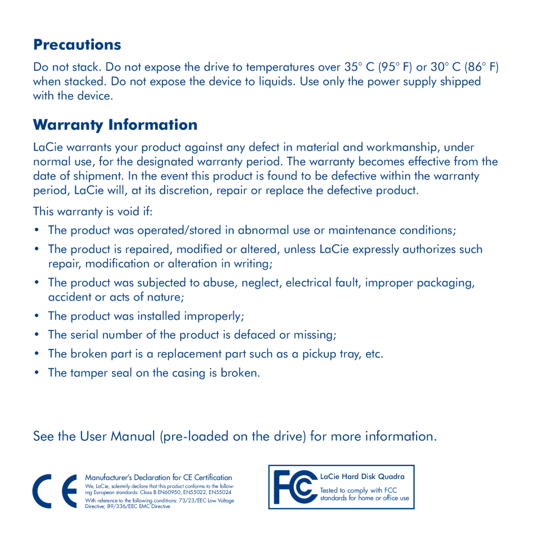 LaCie Hard Disk Quadra manual Precautions 