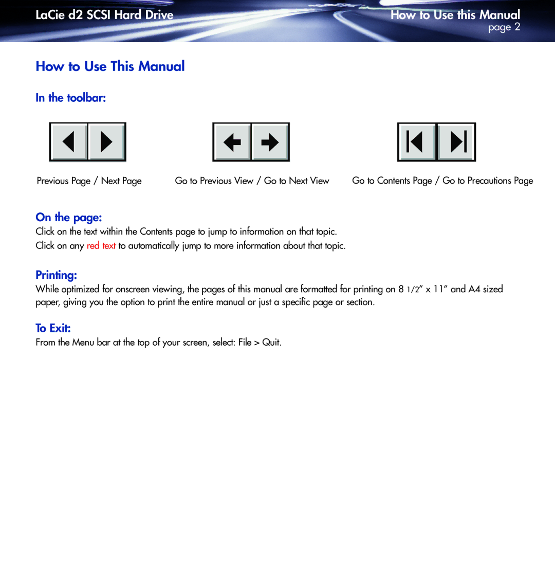 LaCie KY0730482 warranty How to Use This Manual, Toolbar, Printing, To Exit 