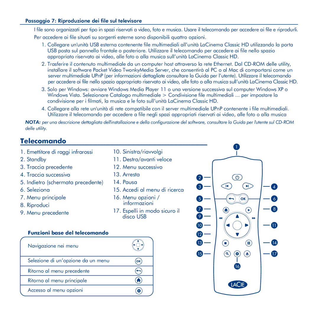 LaCie La Cinema Classic HD manual Telecomando, Funzioni base del telecomando 